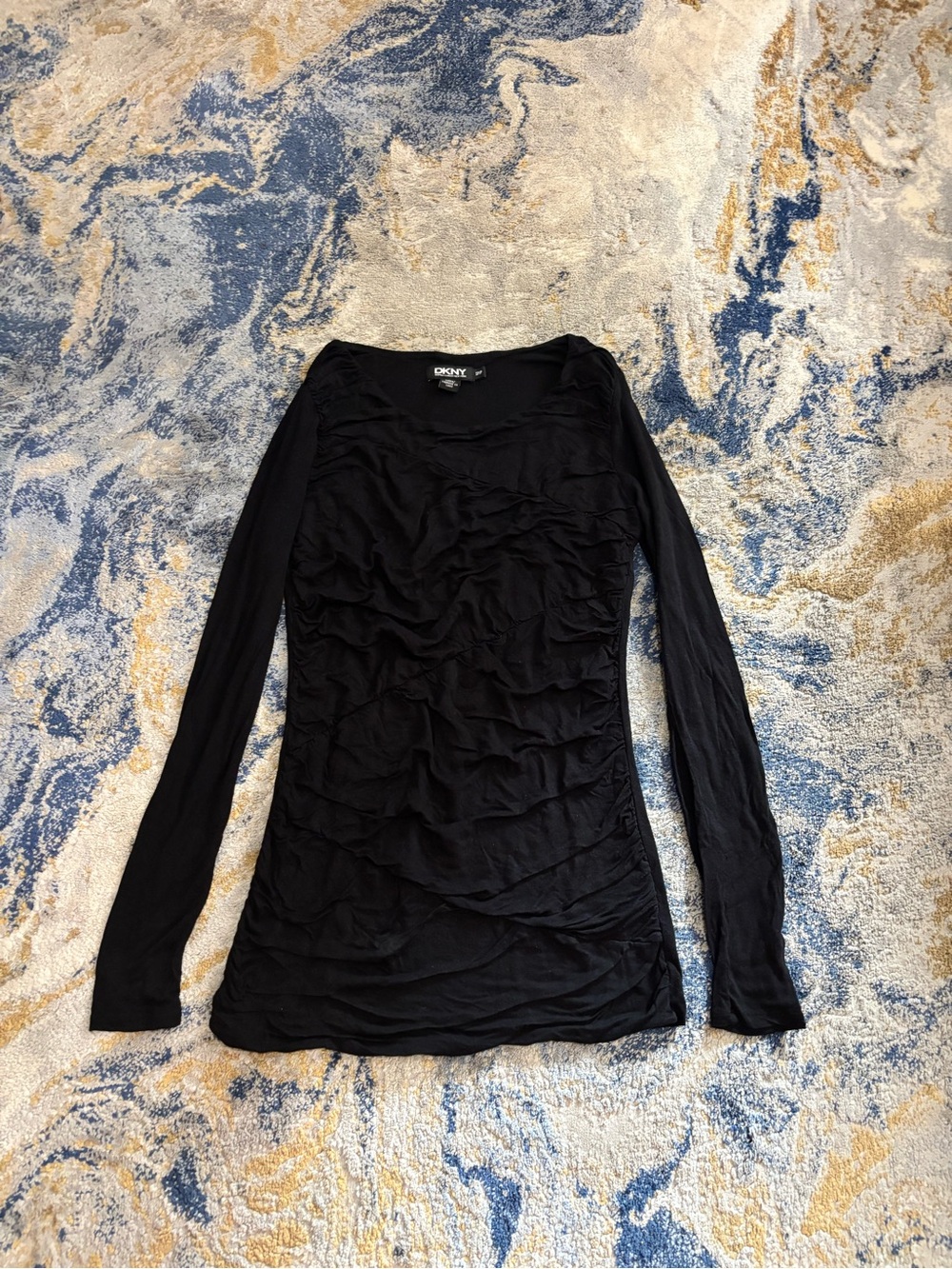 DKNY Black Long-Sleeve Ruffle Front Tee